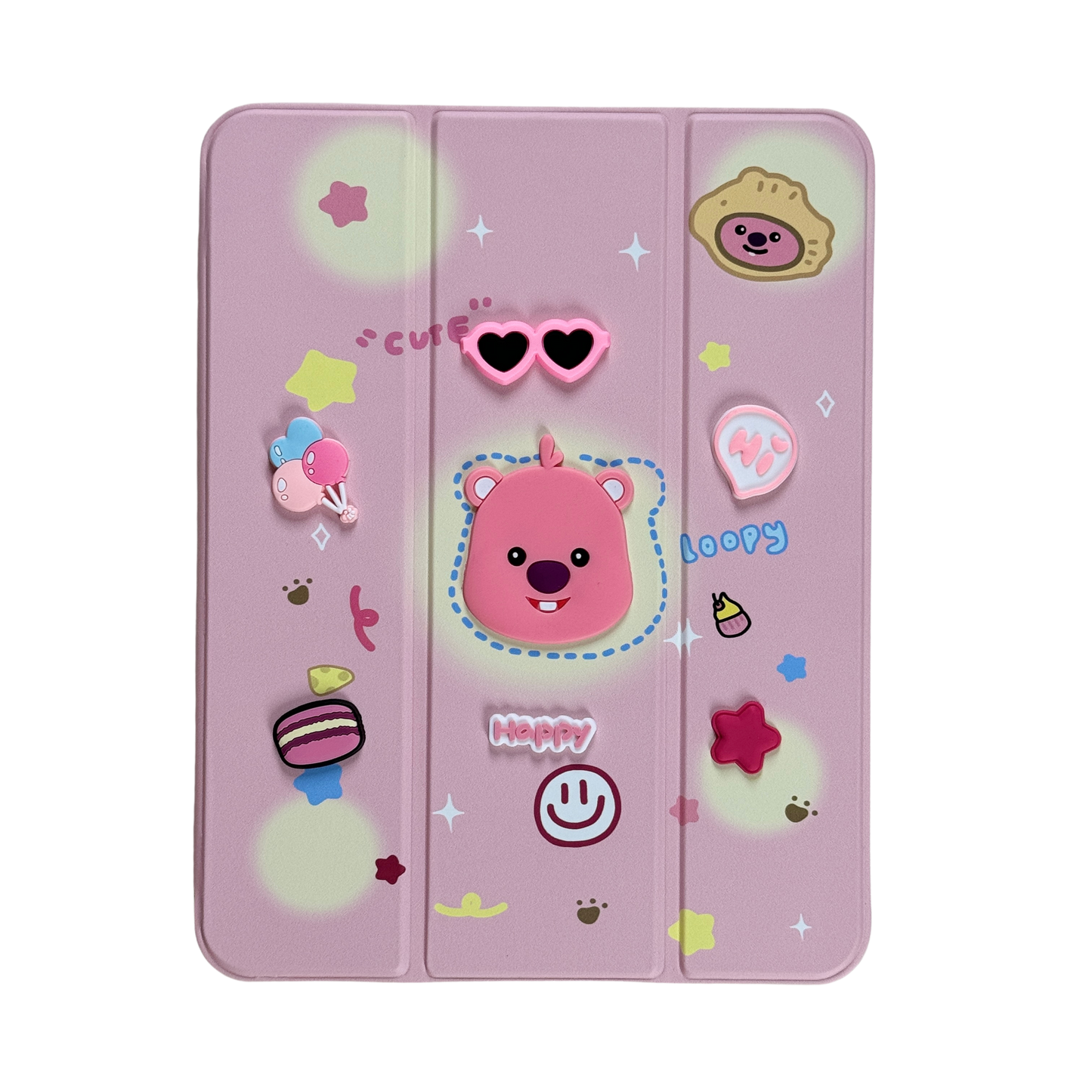 3D Embroidered Pink Bear Leather Magnetic Case with Pencil Holder for iPad