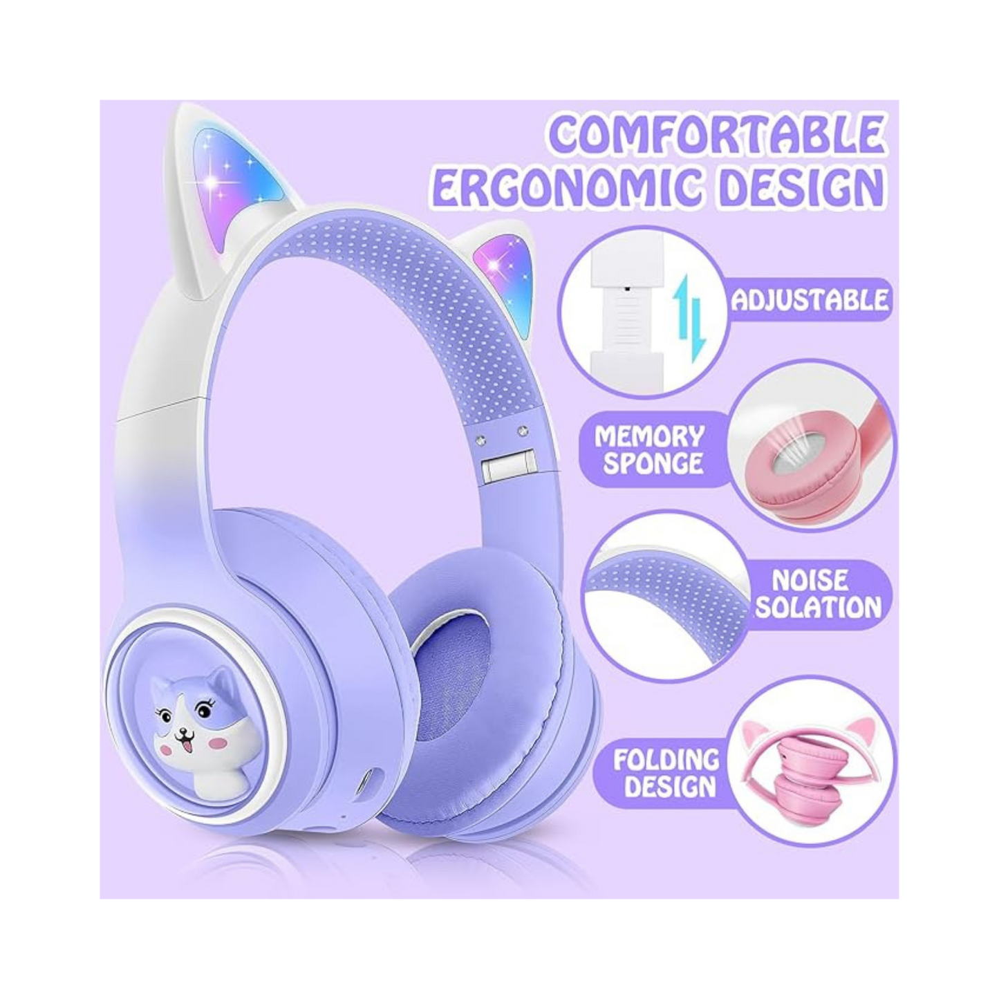 Wireless Bluetooth Headphones – Foldable with LED Cat Ears, Microphone & Volume Limiter