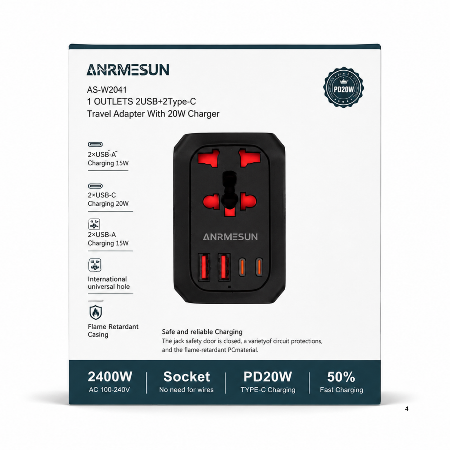ANRMESUN AS-W2041 Universal Travel Adapter with PD 20W Fast Charging