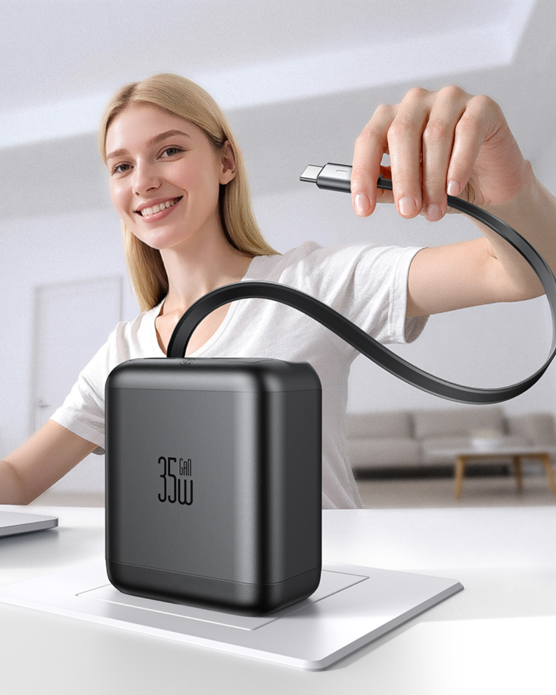 GaN Charger with Built-in Retractable Cable (US Plug)