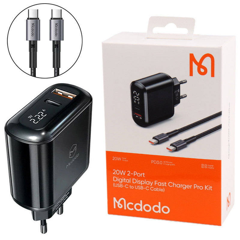 Mcdodo 20W 2-Port Digital Display Fast Charger Pro Kit (USB-C To USB-C Cable)