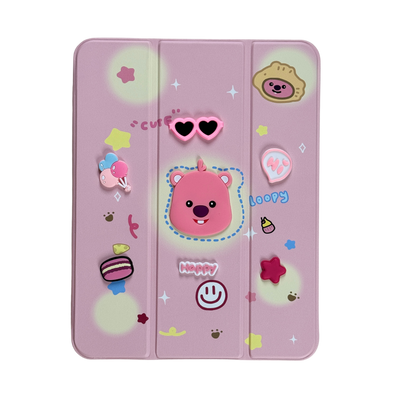 3D Embroidered Pink Bear Leather Magnetic Case with Pencil Holder for iPad