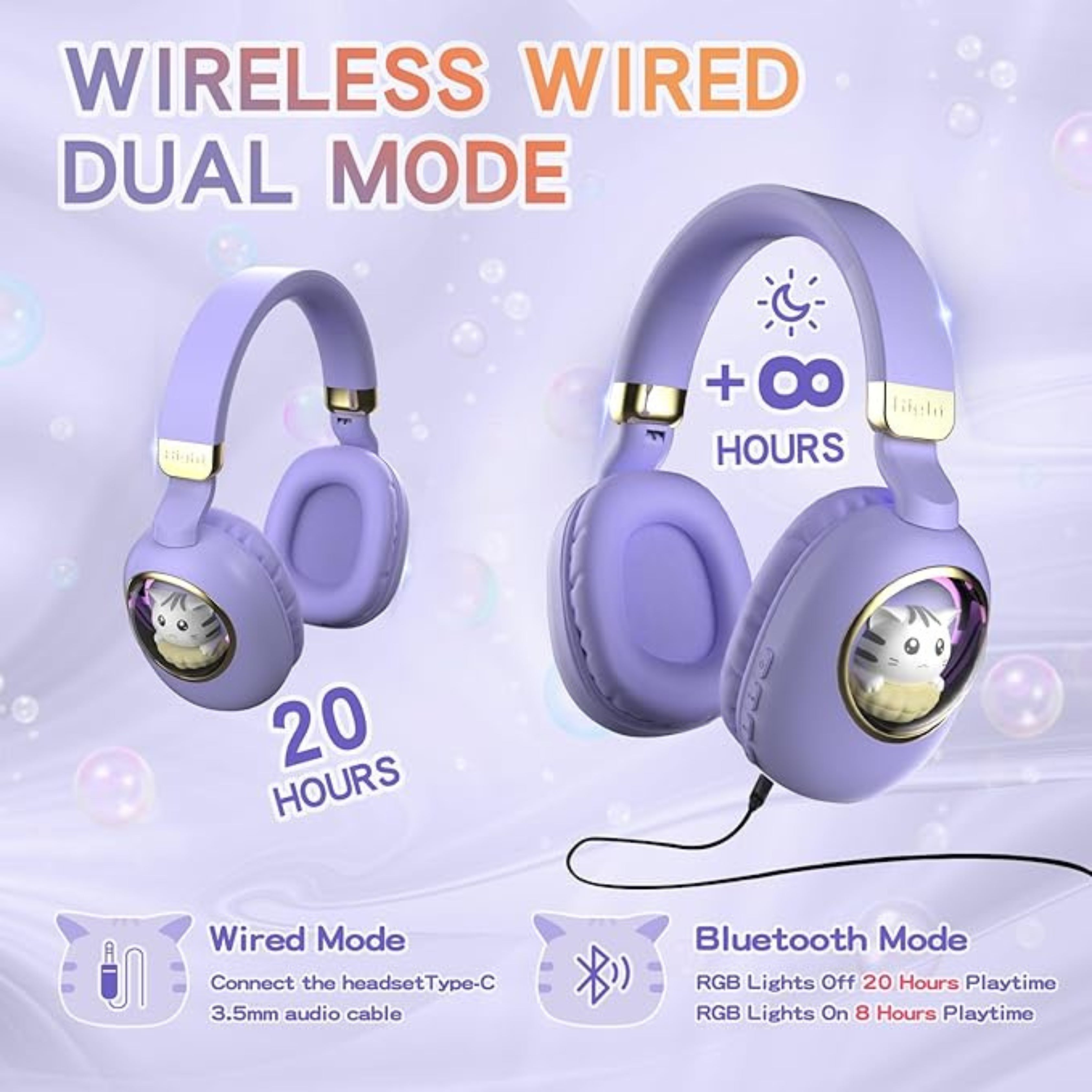 Kids Wireless Headphones with Light-Up Cat Ears and Transparent Viewing Window