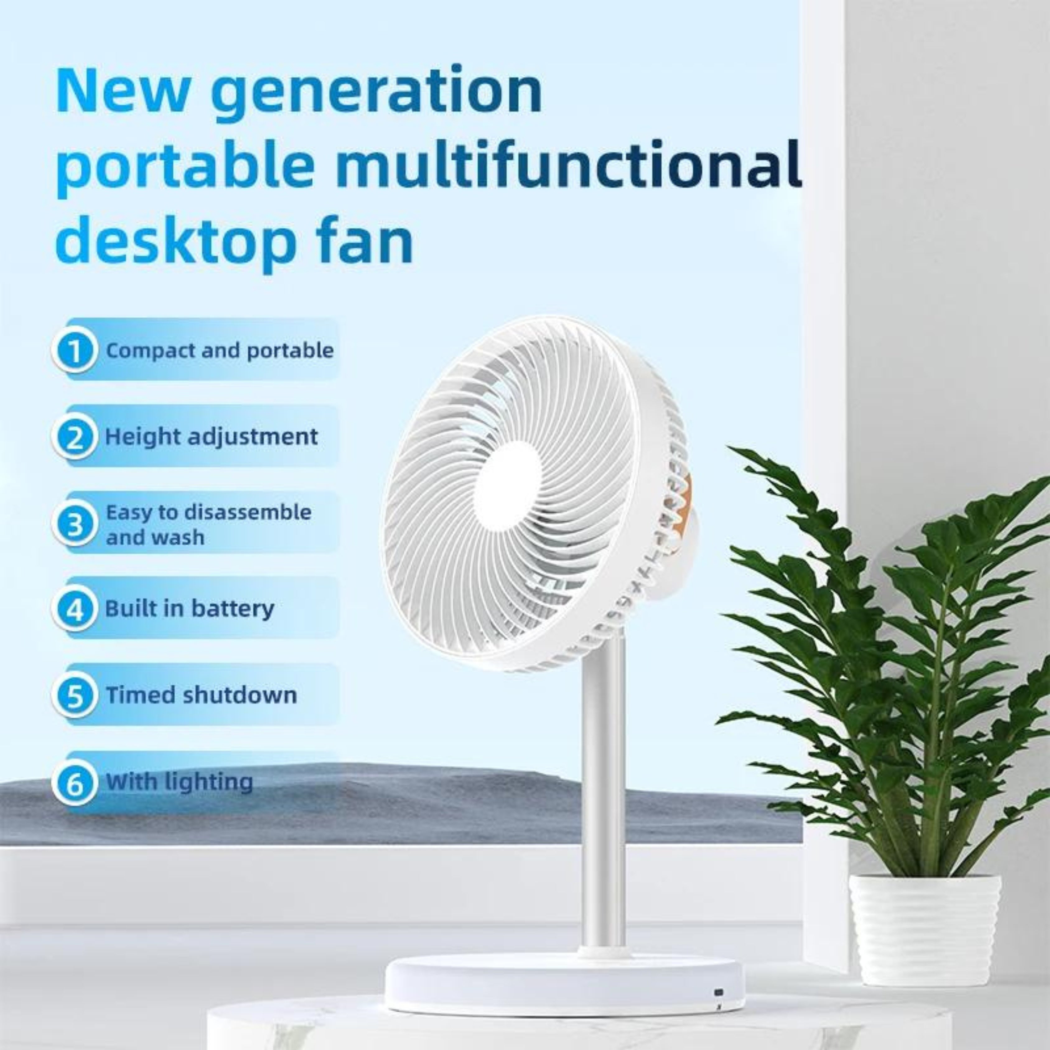 P6 Rechargeable Portable Desktop Fan with Built-in LED Night Light