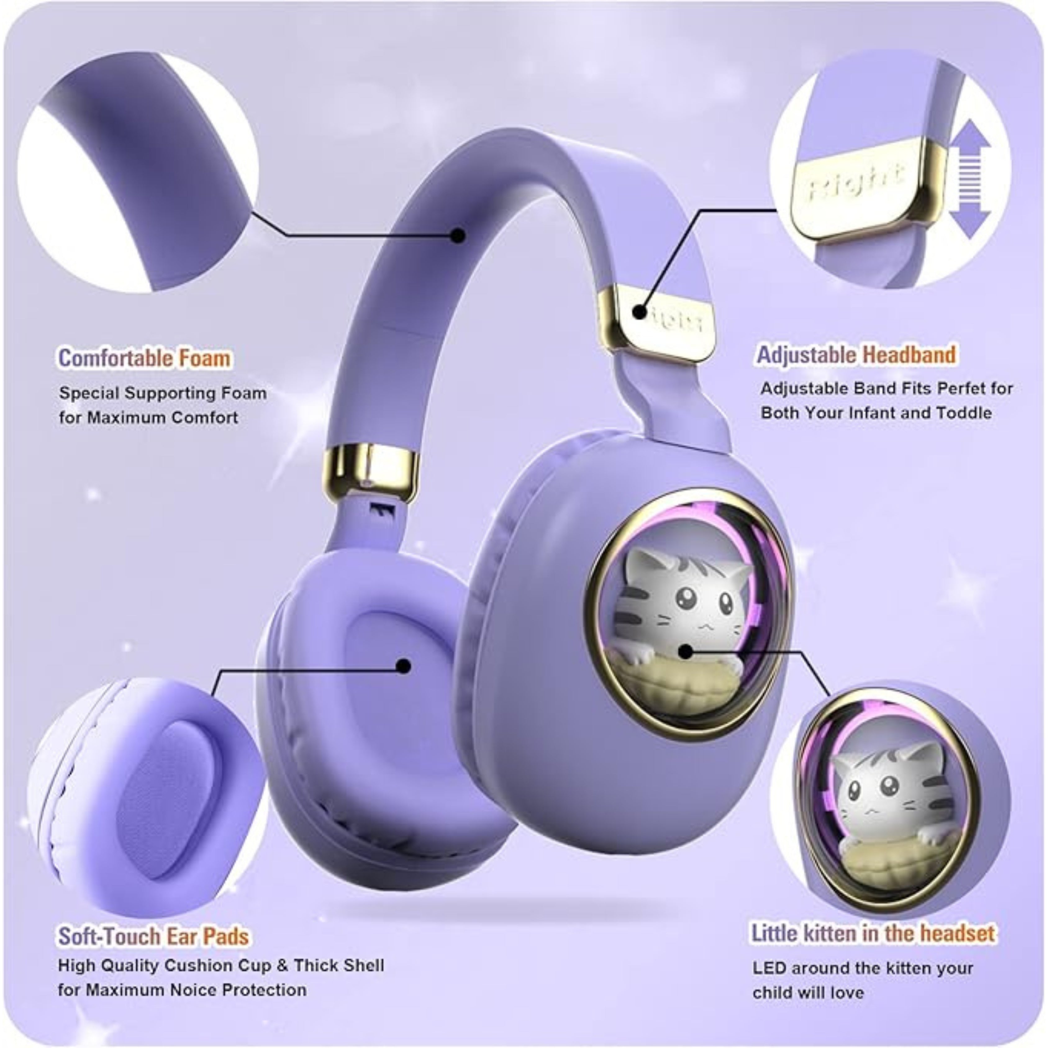 Kids Wireless Headphones with Light-Up Cat Ears and Transparent Viewing Window