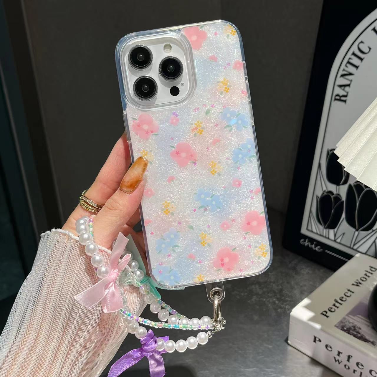 iPhone Flower Printed Glitter Case