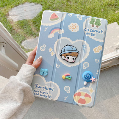 3D Cartoon Leather Tri-Fold Case with Pencil Holder for iPad