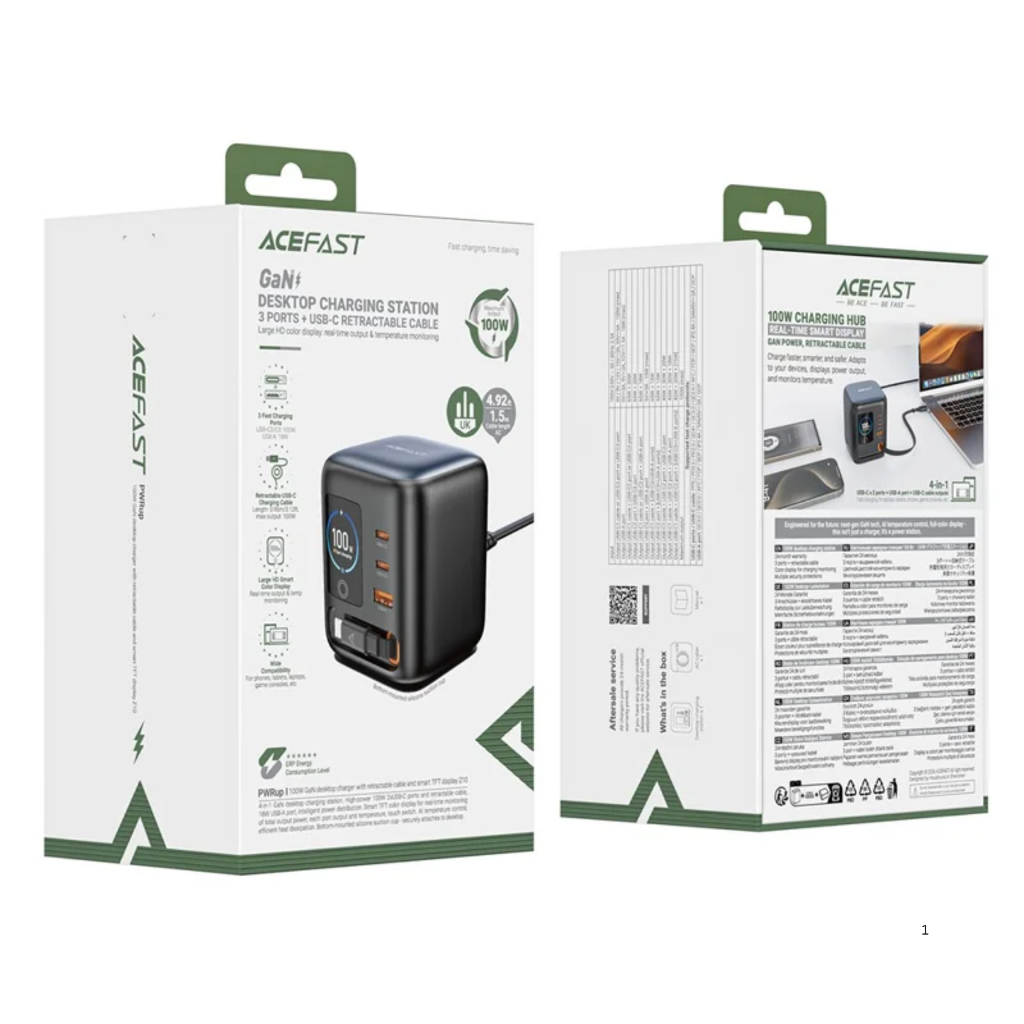ACEFAST Z10 100W GaN Desktop Charger with TFT Display &amp; Retractable USB-C Cable (UK Plug)