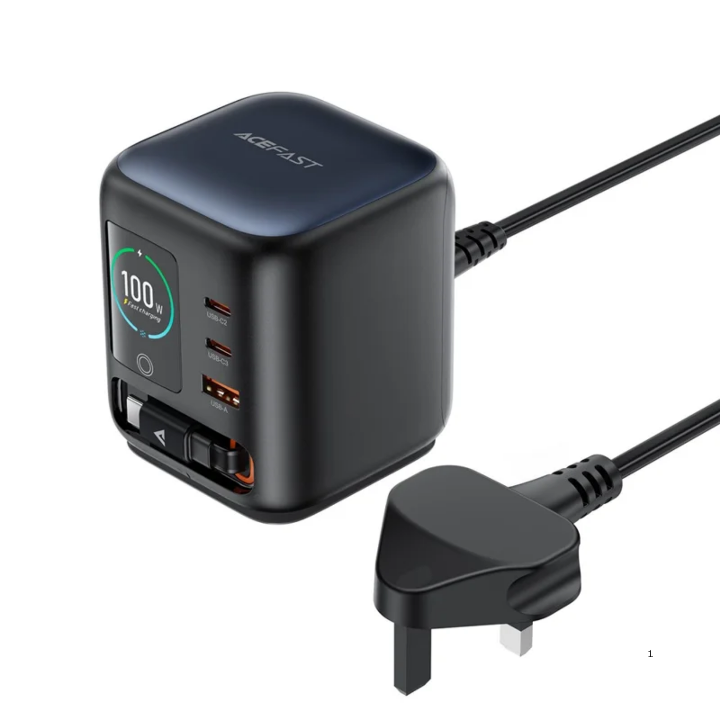 ACEFAST Z10 100W GaN Desktop Charger with TFT Display &amp; Retractable USB-C Cable (UK Plug)