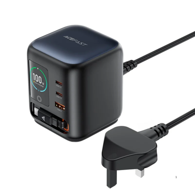 ACEFAST Z10 100W GaN Desktop Charger with TFT Display &amp; Retractable USB-C Cable (UK Plug)