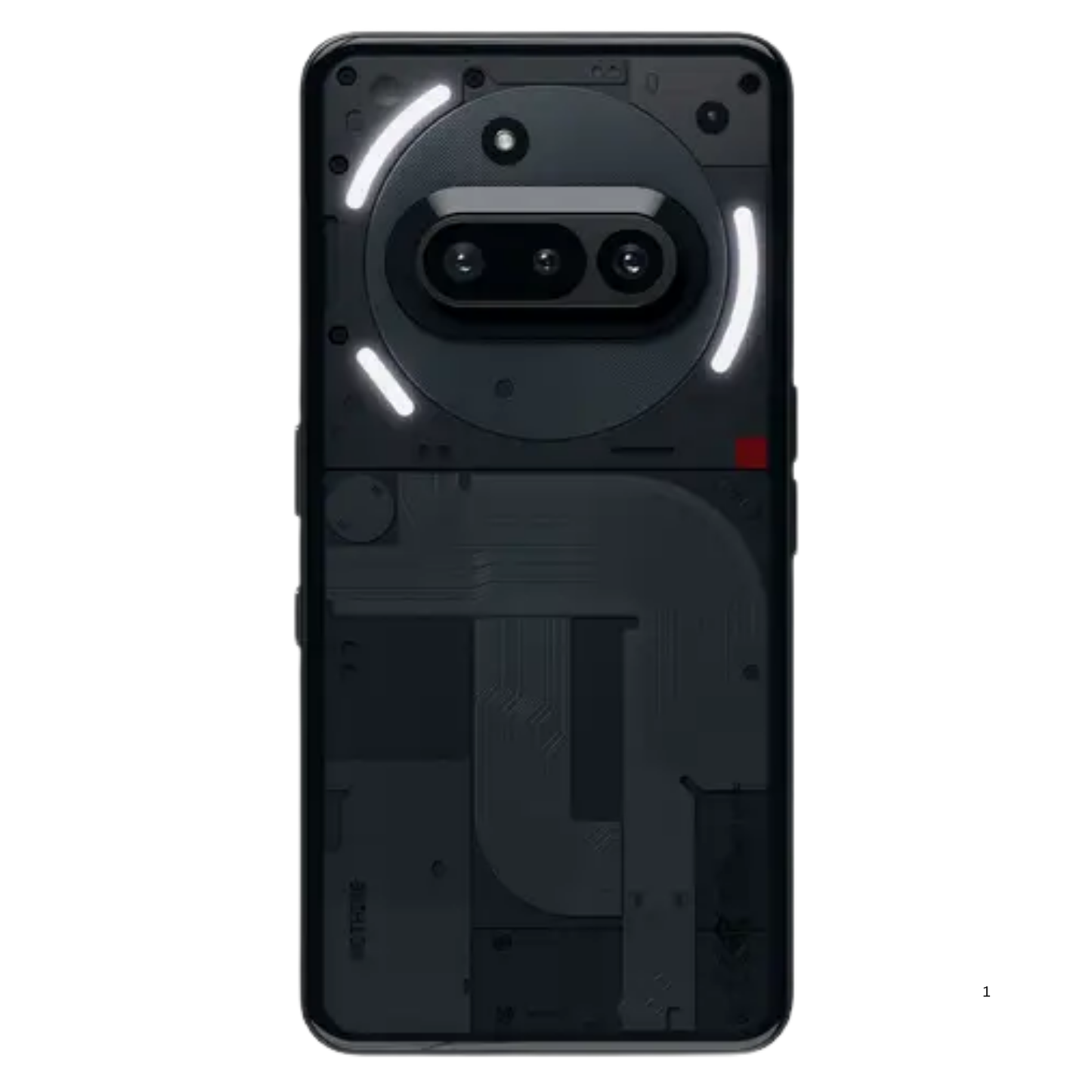 A black protective skin or decal applied to the back of a smartphone, featuring a futuristic sci-fi design with glowing white curved light strips, a circular camera ring, and a small red accent on a plain white background.