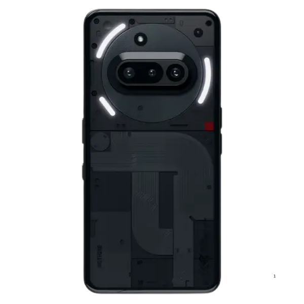 A black protective skin or decal applied to the back of a smartphone, featuring a futuristic sci-fi design with glowing white curved light strips, a circular camera ring, and a small red accent on a plain white background.