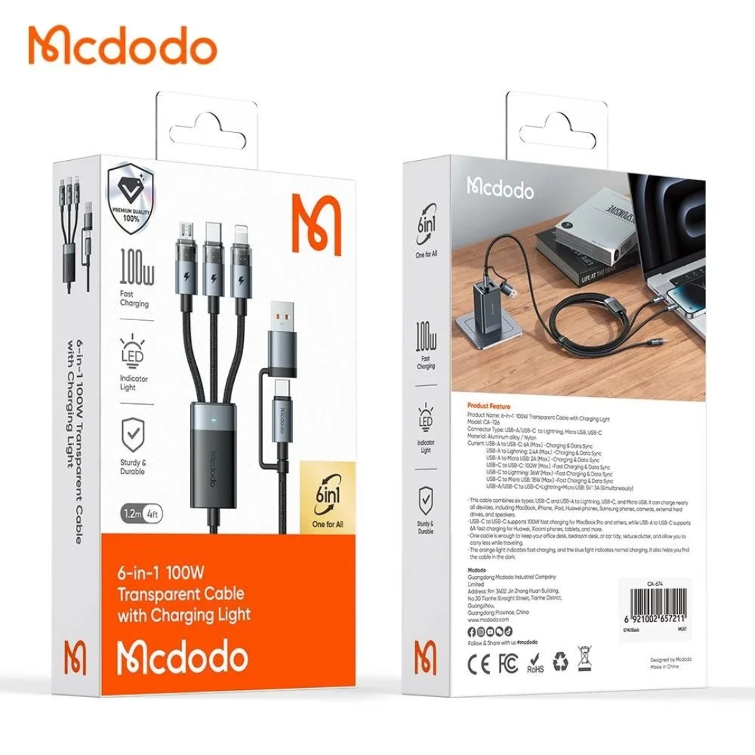 6 in 1 100W Transparent Cable with Charging Light