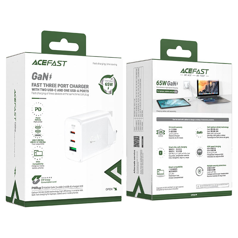 PD65W GaN Fast 3 Port Charger 2xUSB-C + 1xUSB-A