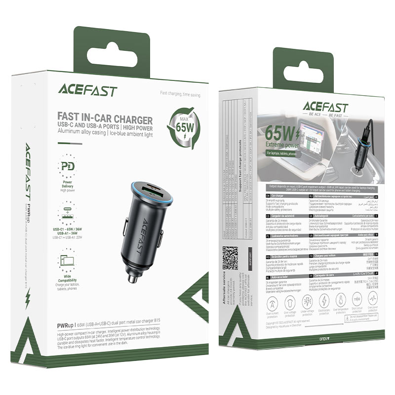 Fast Charge Car Charger B15 65W (1xUSB-C + 1xUSB-A)
