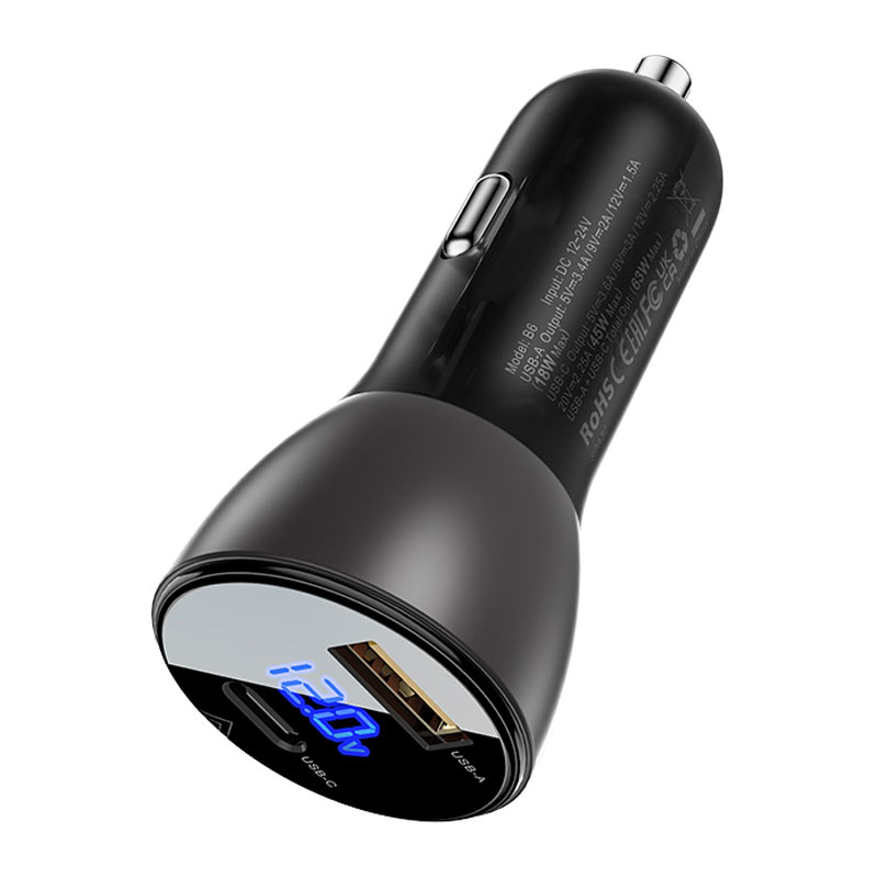 USB-A + USB-C Metal Car Charger 63W  with Digital Display