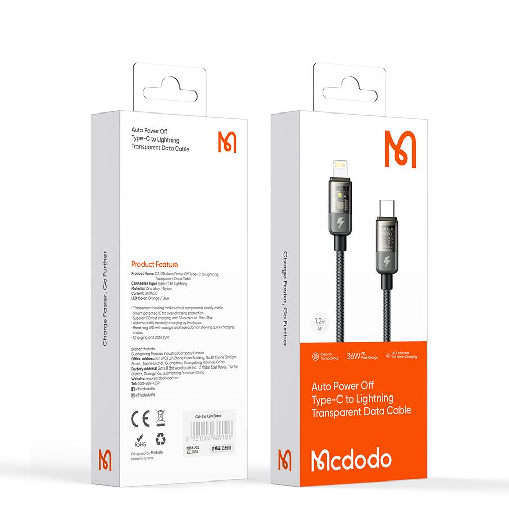 Mcdodo Auto Power Off USB-C to Lightning Transparent Cable (1.8m)